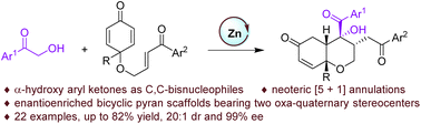Graphical abstract: Asymmetric synthesis of bicyclic pyran scaffolds bearing two oxa-quaternary stereocenters via zinc-catalyzed [5 + 1] annulations