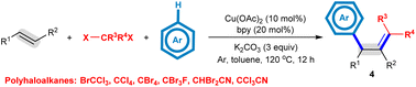 Graphical abstract: Copper-catalyzed functionalization/transformation of styrenes with polyhaloalkanes and arenes enables the synthesis of heteroarene-containing gem-dihaloalkenes