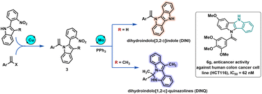 Graphical abstract: Mo-catalyzed cyclization of N-vinylindoles and skatoles: synthesis of dihydroindolo[1,2-c]-quinazolines and dihydroindolo[3,2-b]-indoles, and evaluation of their anticancer activities