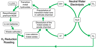 Graphical abstract: The critical role of H2 reduction roasting for enhancing the recycling of spent Li-ion battery cathodes in the subsequent neutral water electrolysis