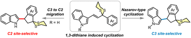 Graphical abstract: Site-selective synthesis of indanyl-substituted indole derivatives via 1,3-dithiane induced Nazarov cyclization