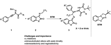 Graphical abstract: Organocatalytic enantio- and diastereoselective synthesis of trifluoro-ethylamine allenoate derivatives containing axial and central chiralities