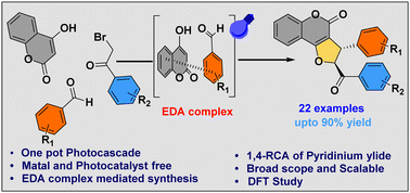 Graphical abstract: Electron donor–acceptor complex enabled photocascade strategy for the synthesis of trans-dihydrofuro[3,2-c]chromen-4-one scaffolds via radical conjugate addition of pyridinium ylide