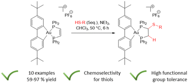 Graphical abstract: Post-metallation functionalization of the [(C^C)Au(P^P)]+ scaffold through a hydrothiolation reaction