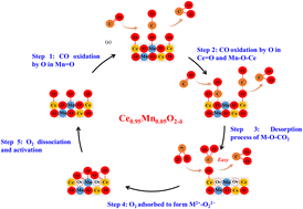 Graphical abstract: Investigating the differences of active oxygen species and carbonate species on the surface of Ce0.95M (M = Mn and Zr)0.05O2−δ catalysts prepared by the aerosol method during CO oxidation using operando TPR-DRIFTS-MS