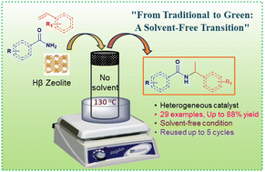 Graphical abstract: Solvent-free Markovnikov hydroamination of vinylarenes with carboxamides: a heterogeneous catalytic approach using Hβ zeolite