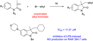 Graphical abstract: Synthesis of 3,3-disubstituted oxindoles from N-arylacrylamides and unactivated alkyl bromides via nickel-catalyzed cascade cyclization and their inhibitory effect on NO release