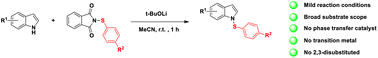 Graphical abstract: t-BuOLi promoted regioselective N-thiolation of indoles with N-arylthio phthalimide