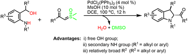 Graphical abstract: Synthesis of indolines via palladium-catalyzed [4 + 1] annulation of (2-aminophenyl)methanols with sulfoxonium ylides