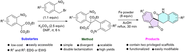 Graphical abstract: Constructing spirooxindoles from non-oxindole precursors: a one-pot nitro-reduction/double lactamization approach to spiro[indoline-3,3′-quinoline]-2,2′-diones
