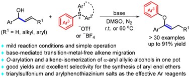 Graphical abstract: Base-mediated synthesis of aryl enol ethers from α-aryl allylic alcohols and arylsulfonium salts