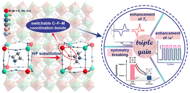 Graphical abstract: Switchable coordination bonds in 3D cyano-bridged perovskite ferroelastics: achieving the largest leap of symmetry breaking and enhanced dielectric switching performance