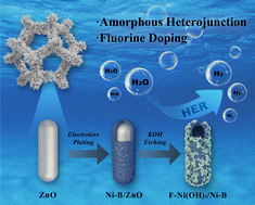 Graphical abstract: Amorphous heterojunction and fluoride-induced effects enable a F-Ni(OH)2/Ni–B electrocatalyst for efficient and stable alkaline freshwater/seawater hydrogen evolution at a high current density