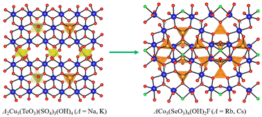 Graphical abstract: Synthesis, structure and magnetic properties of ACo5(SeO3)4(OH)2F (A = Rb, Cs): the first compounds with a distorted 2-uniform lattice (T29)
