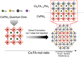 Graphical abstract: Lattice engineering for enhancing the stability of CsPbI3/CsxFA1–xPbI3 quantum dots synthesized via a direct arrangement