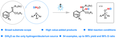 Graphical abstract: H2O/D2O as the only H/D source for photocatalytic phosphine-mediated radical transfer hydrogenation/deuteration of α-aryl imino esters