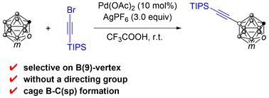 Graphical abstract: Pd(ii)-catalyzed B(9)-alkynylation of o/m-carboranes