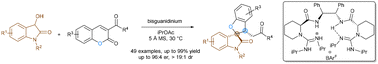 Graphical abstract: Asymmetric construction of spirobenzofuran indolinones via a cascade reaction of 3-hydroxyoxindoles with coumarins