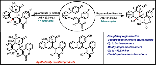 Graphical abstract: Stereocontrolled desymmetrization of 2,5-cyclohexadienones via organocatalytic domino sulfa-1,6-/1,4-addition or sulfa-1,6-/1,4-/sulfa-1,4-addition reactions
