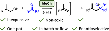 Graphical abstract: Domino dehydration/intermolecular (enantioselective) ketone-ene reactions catalysed by a simple solid in batch and in flow