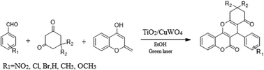 Graphical abstract: TiO2/CuWO4 heterojunction photocatalyst in the preparation of cardiovascular chromeno[4,3-b]chromene drugs
