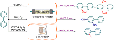 Graphical abstract: Selective C–H functionalizations of arenes catalyzed by poly NHC–Pd in flow