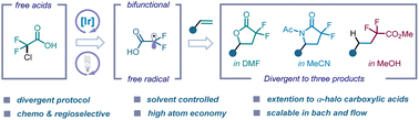 Graphical abstract: Divergent functionalization of alkenes enabled by photoredox activation of CDFA and α-halo carboxylic acids