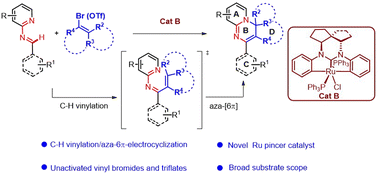 Graphical abstract: CCC pincer Ru complex-catalyzed C–H vinylation/6π-E-cyclization of aldimines for constructing 4H-pyrido[1,2-a]pyrimidines