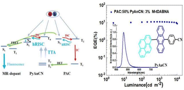 Graphical abstract: Efficient harvesting of triplet excitons via multiple fast TTA up-conversion and high-lying reverse intersystem crossing channels for efficient blue fluorescent organic light-emitting diodes