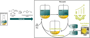 Graphical abstract: 5-Hydroxymethylfurfural (HMF) synthesis in a deep eutectic solvent-based biphasic system: closing the loop of solvent reuse, product isolation and green metrics