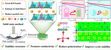 Graphical abstract: Enhanced cycling performance of B-doped LiNi0.8Co0.1Mn0.1O2 cathodes prepared by the solid-state method