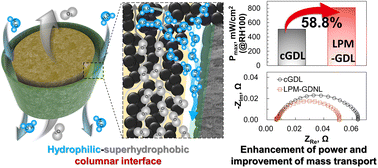 Graphical abstract: A gas diffusion nanocomposite layer with a hydrophilic–superhydrophobic columnar interface for enhanced water and gas transport