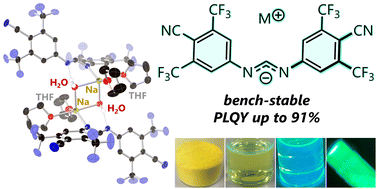 Graphical abstract: Intense fluorescence of air-stable sodium diarylformamidinate: effective control with a novel electron-withdrawing 4-cyano-3,5-bis(trifluoromethyl)phenyl group