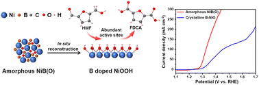 Graphical abstract: Amorphous nickel boride facilitates active site generation for HMF electrooxidation