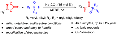 Graphical abstract: Metal-free carboxamidation of P(O)H compounds with in situ formed isocyanates from dioxazolones: a convenient access to carbamoylphosphine oxides