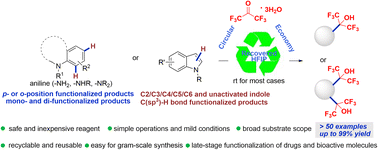 Graphical abstract: Facile and rapid access to hexafluoroisopropanol (HFIP)-group-functionalized aniline and indole derivatives using hexafluoroacetone trihydrate in HFIP