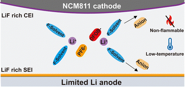 Graphical abstract: The synergistic effect of fluorinated solvents and LiDFOB on stable cycling of Li metal batteries with limited Li