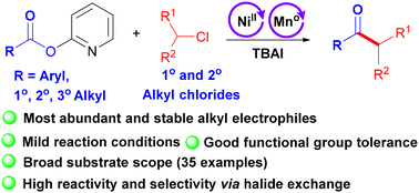 Graphical abstract: Nickel-catalyzed reductive coupling of 2-pyridyl esters with unactivated alkyl chlorides: a universal synthesis of aryl–alkyl and dialkyl ketones via dynamic halide exchange