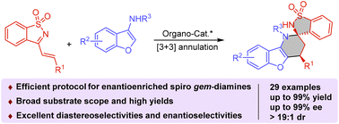 Graphical abstract: Asymmetric construction of enantioenriched spiro gem-diamines via [3 + 3] annulation of α,β-unsaturated N-sulfonyl ketimines and 3-aminobenzofurans