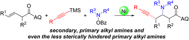 Graphical abstract: Ni-catalyzed regio- and diastereoselective syn-alkynylamination of unactivated alkenes using alkylamine sources