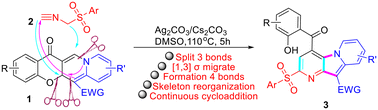 Graphical abstract: Continuous 1,4/1,6- and 1,2-addition reactions combined with the skeletal rearrangement of 5aH,13H-chromeno[2,3-b]quinolizin-13-ones with isocyanides to enable the synthesis of pyrido[2,3-b]indolizines