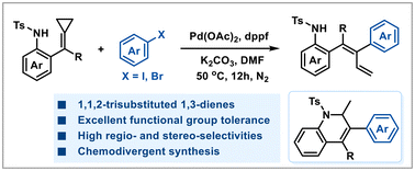 Graphical abstract: Chelation-controlled stereospecific ring-opening arylation of α-aminoaryl-tethered alkylidenecyclopropanes: stereoselective synthesis of polysubstituted conjugated dienes