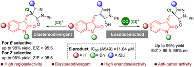 Graphical abstract: Enantioselective and diastereodivergent construction of oxindole–pyrazolone conjugates bearing an alkenyl substituted quaternary chlorinated stereogenic centre