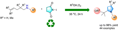 Graphical abstract: A metal-free, green strategy for intramolecular aminoalkoxylation of unfunctionalized olefins via catalysis using recyclable NIS, with water as the sole byproduct