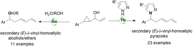 Graphical abstract: Access to (E)-δ-vinyl-homoallylic alcohols/ethers/pyrazoles by ring-opening nucleophilic substitution of cyclopropyl allylic alcohols