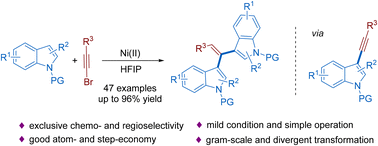 Graphical abstract: Synthesis of 1,1-bis(indolyl)alkenes via nickel-catalyzed selective alkynylation of indoles with haloalkynes