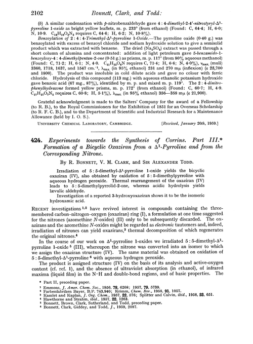 424. Experiments towards the synthesis of corrins. Part III. Formation of a bicyclic oxaziran from a Δ1-pyroline and from the corresponding nitrone