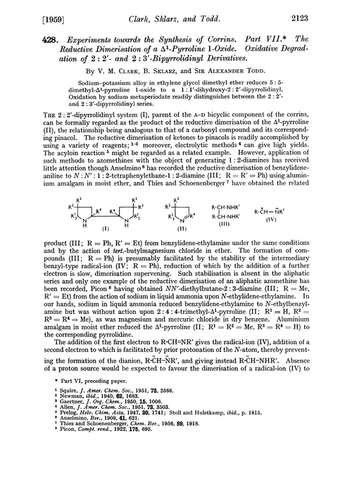 428. Experiments towards the synthesis of corrins. Part VII. The reductive dimersation of a Δ1-pyrroline 1-oxide. Oxidative degradation of 2 : 2′ and 2 : 3′-bipyrrolidinyl derivatives