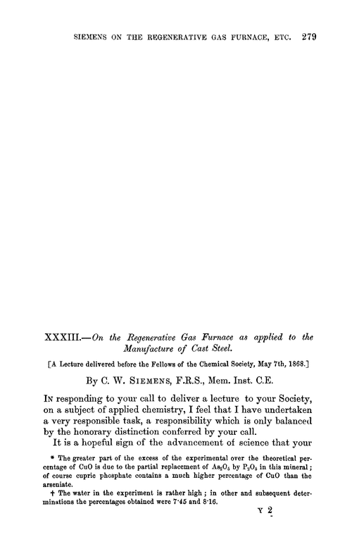 XXXIII.—On the regenerative gas furnace as applied to the manufacture of cast steel