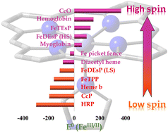 Graphical abstract: Skeletal substituents and the distal environment determine the spin state of natural and synthetic iron porphyrins: role in the O2 reduction reaction